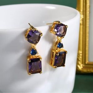 Exquisite Shiny Dangle Purple Zircon Earrings 14K Gold Plated